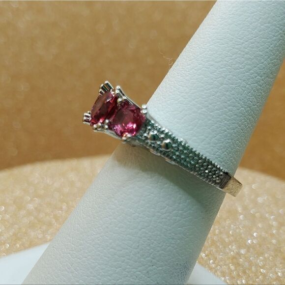 14K White Gold  over 925 Stainless 3 Stone Round Cut Ruby - Picture 5 of 6